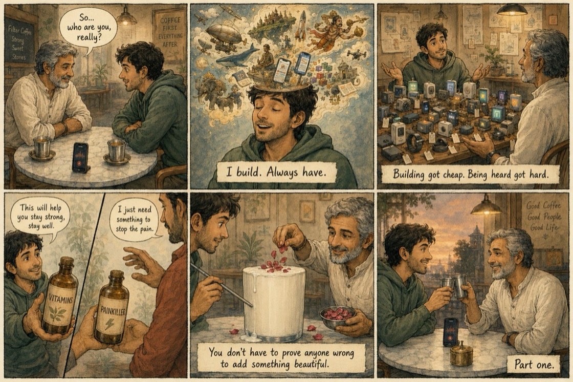 A six-panel hand-drawn comic of the conversation: two men at an Indian filter-coffee café — 'So… who are you, really?'; the young builder's head bursting with fantasy worlds — 'I build. Always have.'; a shelf of unsold creations — 'Building got cheap. Being heard got hard.'; a hand reaching past a Vitamins bottle for a Painkiller one; the elder sprinkling rose petals onto a brimful glass of milk while the younger offers a straw — 'You don't have to prove anyone wrong to add something beautiful'; the two clinking coffee tumblers — 'Part one.'