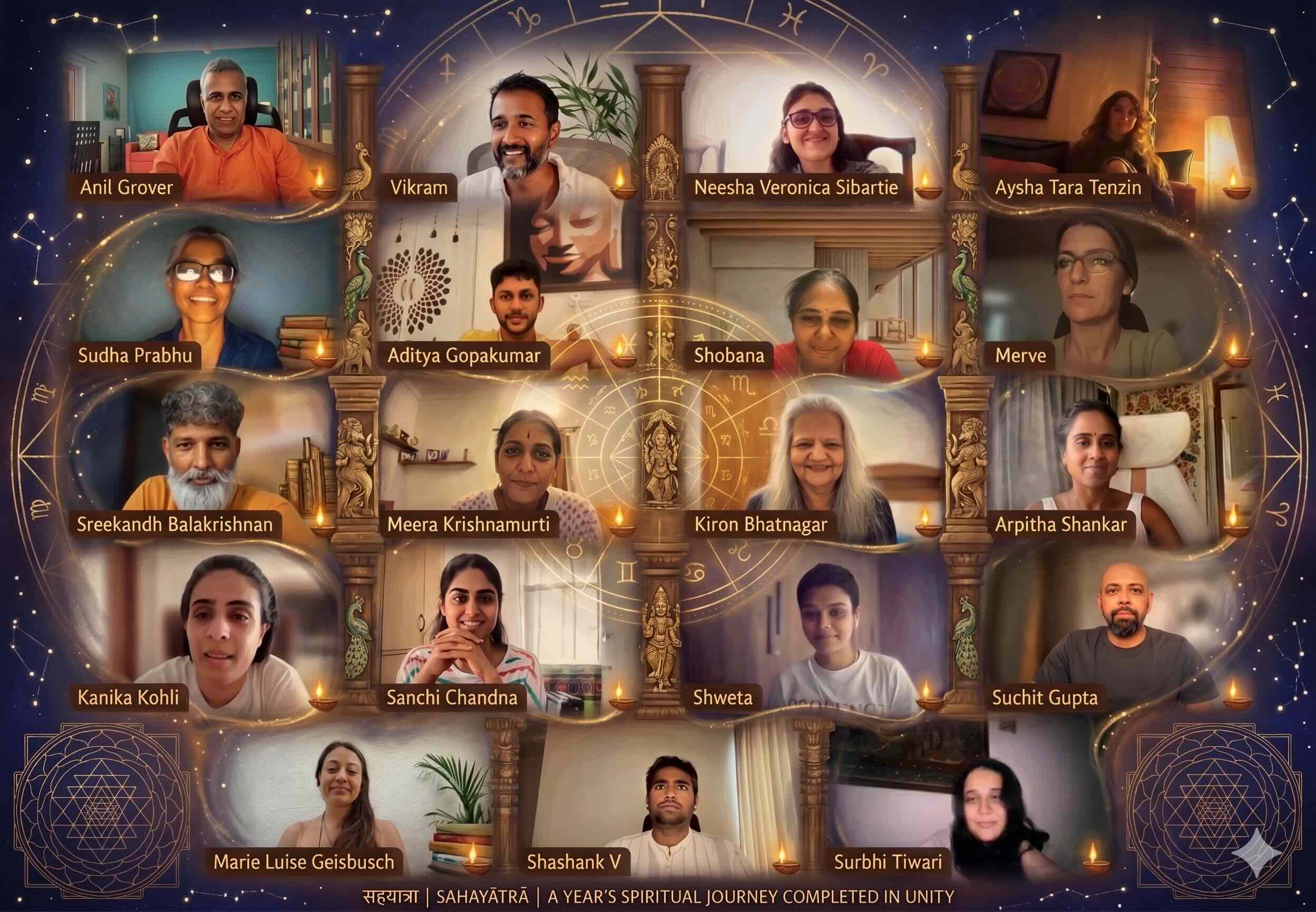 A festive colour illustration of the Astrology 101 batch — each student’s photo set in a grid against a deep-indigo cosmic background with a golden zodiac wheel, sacred geometry, lit diyas and constellations; captioned in Sanskrit ‘Sahayātrā — a year’s spiritual journey completed in unity’.