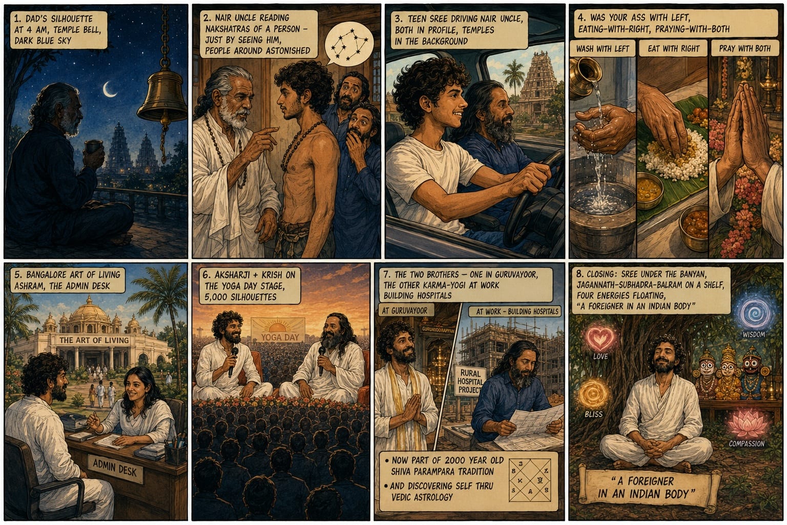 An illustrated strip following the spiritual lineage in the story — Dad walking to the Shiva temple at 4 am, Nair Uncle reading nakshatras, teenage Sree driving him around to ashrams and temples, the Bangalore Art of Living year, Yoga Day with five thousand people, Krishna-bhakta brother in Tirupati, and Sree under the Mother's four energies at the close.