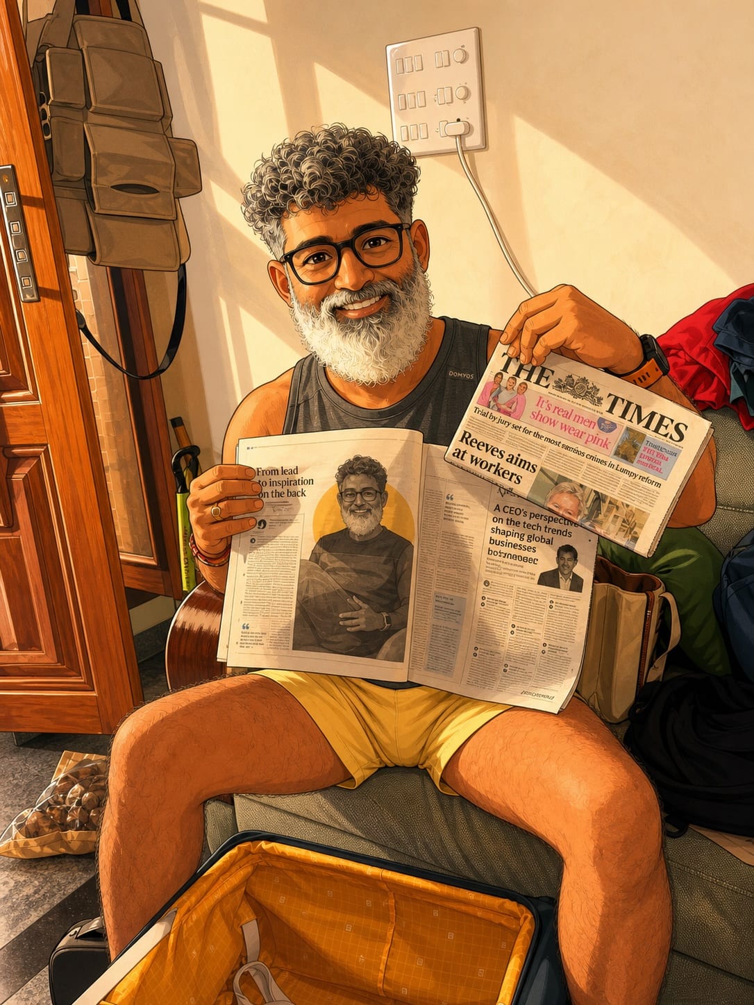An illustration of Sree, in his mid-forties, sitting cross-legged at home in a black vest and yellow shorts, beaming at the camera while holding open a spread of The Times. The Times masthead is visible at the top right. The article visible on the spread carries a portrait illustration of him and the headline 'From lead to inspiration on the back' — a play on his own closing line in the Raconteur piece. An open suitcase, a guitar and travel bags sit around him; the room glows with warm afternoon light.