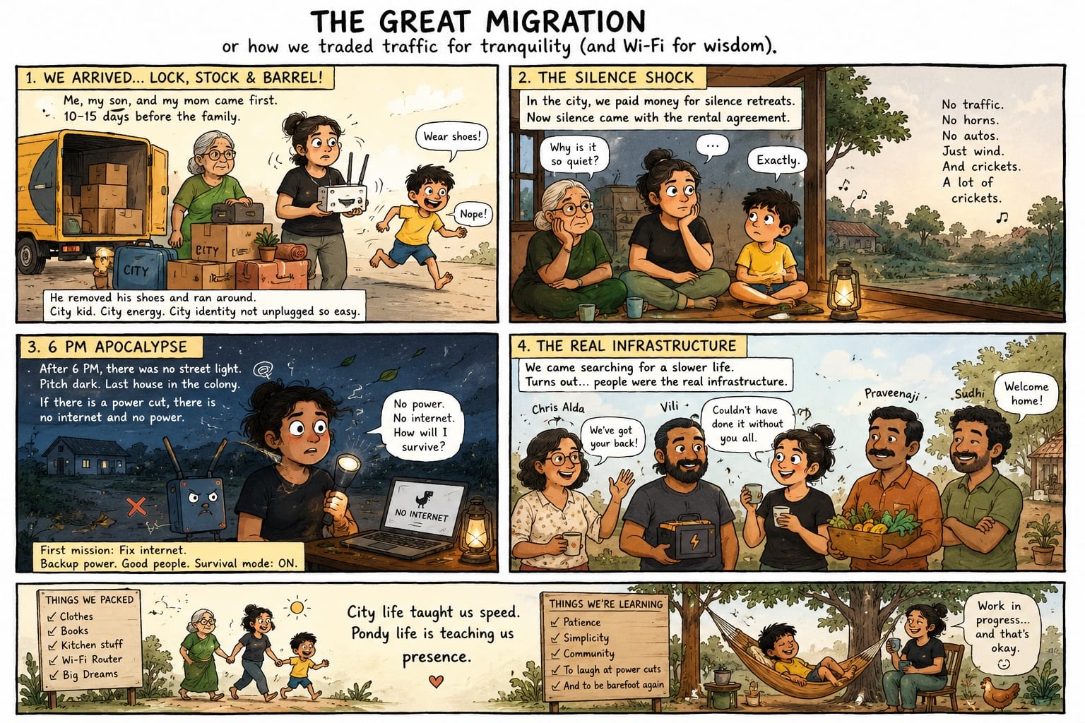A four-panel comic strip — The Great Migration — depicting the move from Bangalore to the Auroville bioregion: arrival with boxes, the silence shock, the 6 PM power and internet cut, and meeting the people who became the real infrastructure.