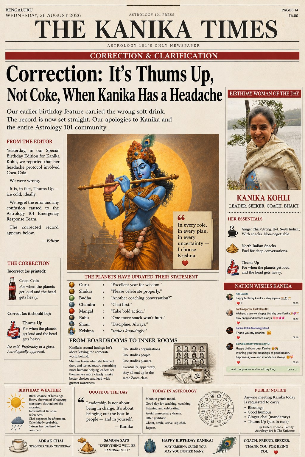 A follow-up mock newspaper front page, The Kanika Times correction and clarification edition: the headline reads Correction — it's Thums Up, not Coke, when Kanika has a headache, with an editor's note, a side-by-side of the incorrect and correct soft drink, and the planets issuing an updated statement.