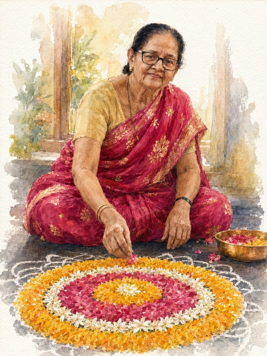 A watercolour of a smiling elderly woman in a red-and-gold sari and glasses, seated cross-legged on a dark floor, placing petals into a circular pookalam of marigold, rose and jasmine, a brass bowl of petals beside her
