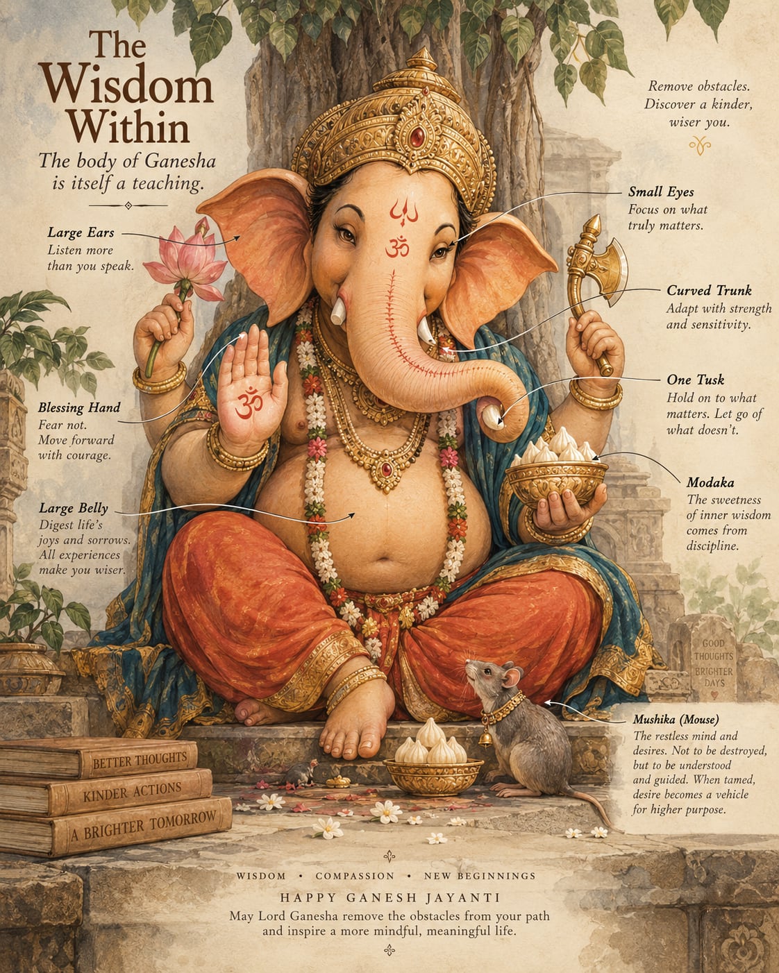 An illustrated Ganesha seated cross-legged beneath a banyan tree, four-armed, holding a lotus, an axe and a bowl of modaks, one palm raised in blessing, a small grey mouse at his feet looking up at the modaks. Handwritten labels point to each feature — large ears, small eyes, curved trunk, one tusk, blessing hand, large belly, modaka, mushika — under the title The Wisdom Within: the body of Ganesha is itself a teaching.