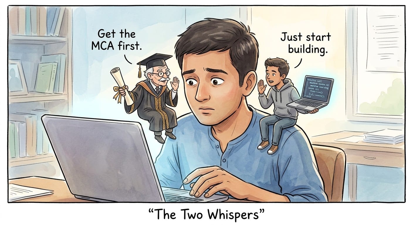 Cartoon titled 'The Two Whispers' — a young man at a laptop, a robed academic perched on one shoulder whispering 'Get the MCA first', and a young builder with a laptop on the other shoulder whispering 'Just start building'.