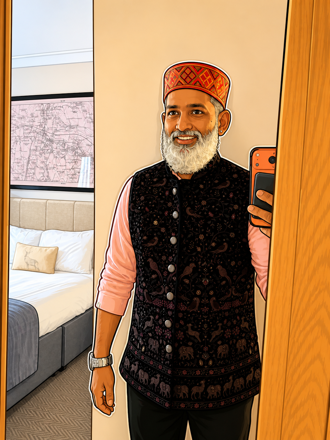 Stylised portrait of Sree Balakrishnan in a Himachali topi and embroidered Nehru jacket