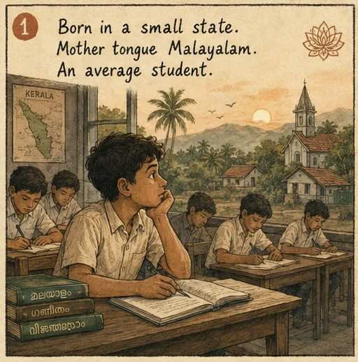 Panel 1 — a boy at a school desk in a small Kerala town, looking out the window. Caption: Born in a small state. Mother tongue Malayalam. An average student.