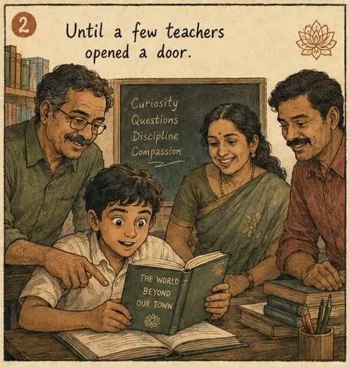 Panel 2 — warm teachers beside a wide-eyed boy holding a book. Caption: Until a few teachers opened a door.