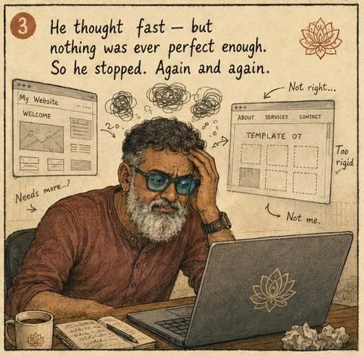 Panel 3 — a frustrated man at a laptop ringed by rigid website templates. Caption: He thought fast, but nothing was ever perfect enough. So he stopped. Again and again.