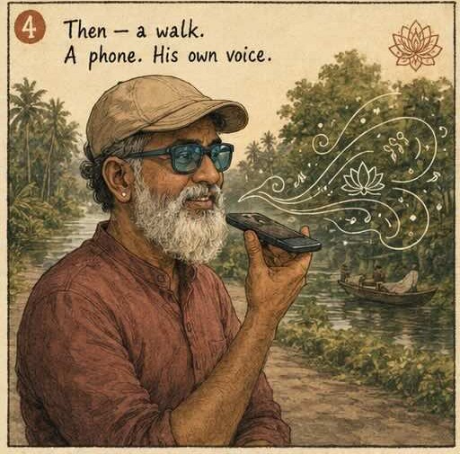 Panel 4 — the man on a walk, speaking into his phone, swirls of voice flowing out. Caption: Then — a walk. A phone. His own voice.