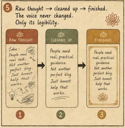 Panel 5 — three cards moving from raw thought to cleaned up to finished. Caption: The voice never changed. Only its legibility.