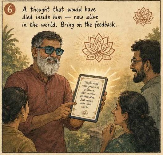 Panel 6 — the man showing his finished page to others under a glowing lotus-mandala. Caption: A thought that would have died inside him, now alive in the world. Bring on the feedback.